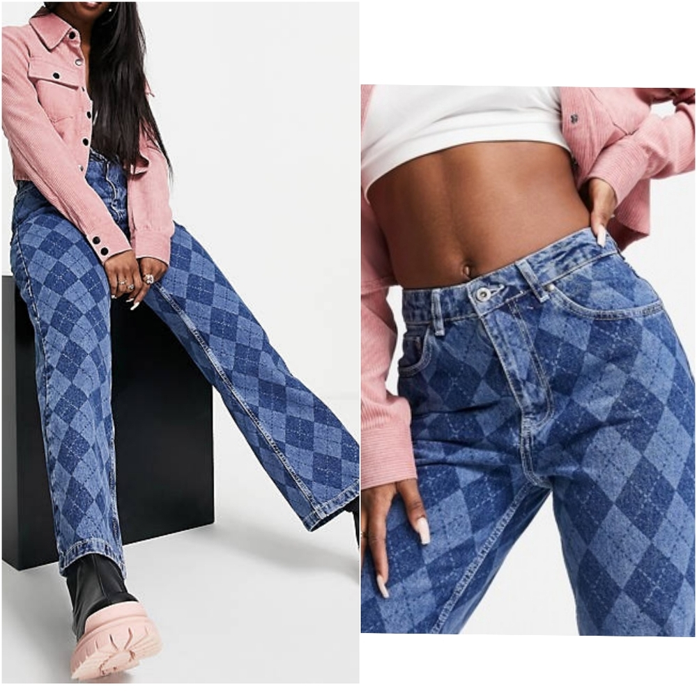 RAGGED Priest Relaxed JEANS Argyle Print Wide Leg Crop Frayed Jeans Size 26